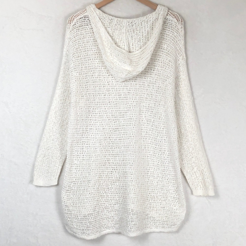 PURE JILL 100% Cotton Open Knit Hooded Tunic Sweater Sz L White Coastal Beachy - Picture 3 of 13